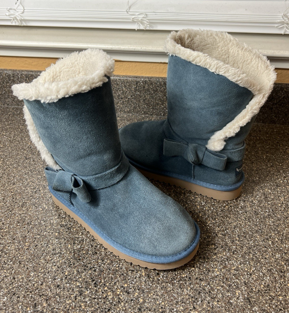 Koolaburra By Ugg Blue Bow Suede Winter Short Boots Womens Sz 7W Faux Fur Lining